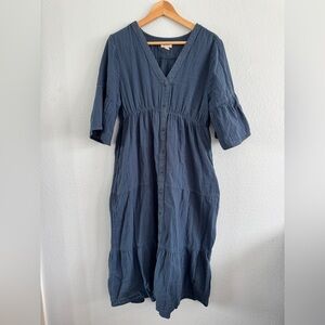 PACT Coastal Double Gauze Long Sleeve Tiered Dress in Navy